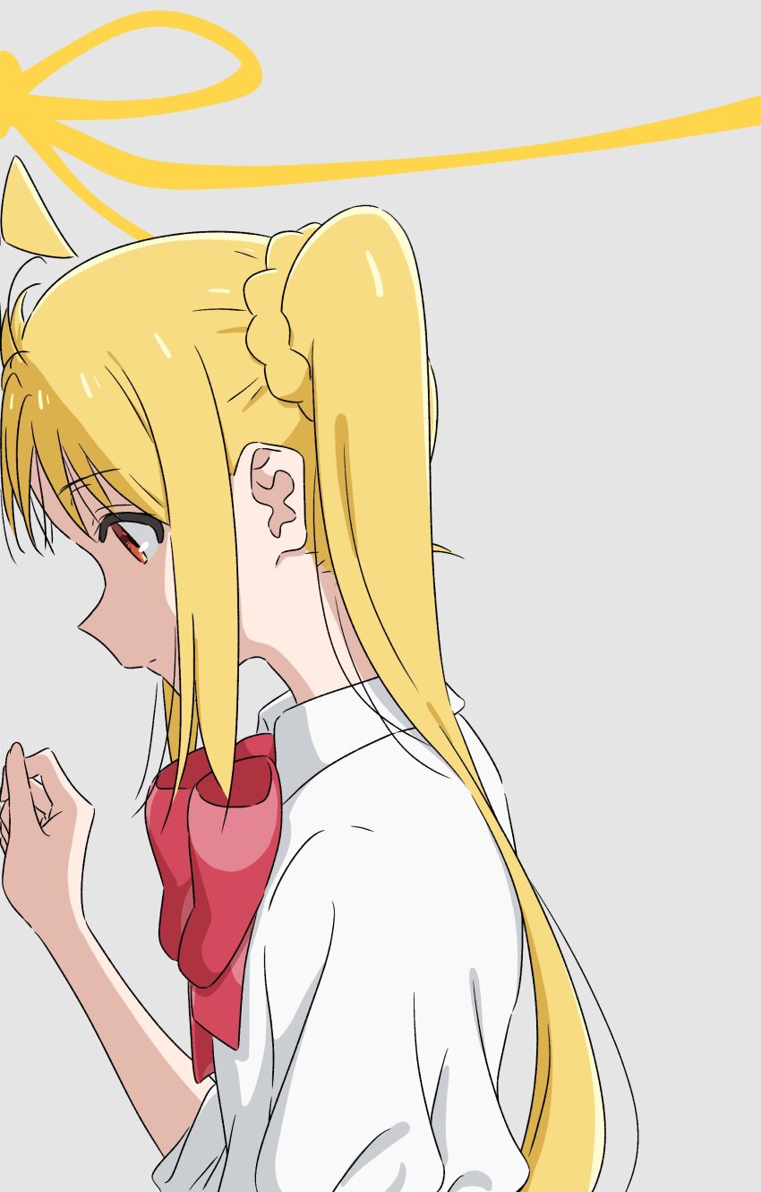 1girl absurdres ahoge blonde_hair bocchi_the_rock! bow bowtie grey_background highres ijichi_nijika long_hair long_sleeves mayo_(oekaki_bibbi) red_bow red_bowtie red_eyes ribbon school_uniform shirt sidelocks simple_background solo twintails upper_body white_shirt yellow_ribbon