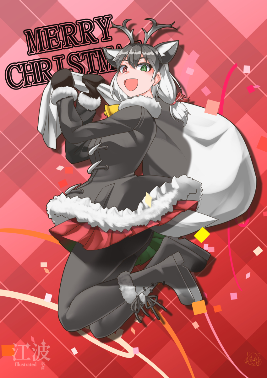 1girl absurdres animal_ears boots christmas christmas_present deer_ears deer_girl deer_tail extra_ears gift gloves green_eyes grey_hair heterochromia highres horns jacket kawanami_eito kemono_friends long_hair looking_at_viewer merry_christmas pantyhose red_background red_eyes reindeer_(kemono_friends) ribbon simple_background skirt solo tail twintails
