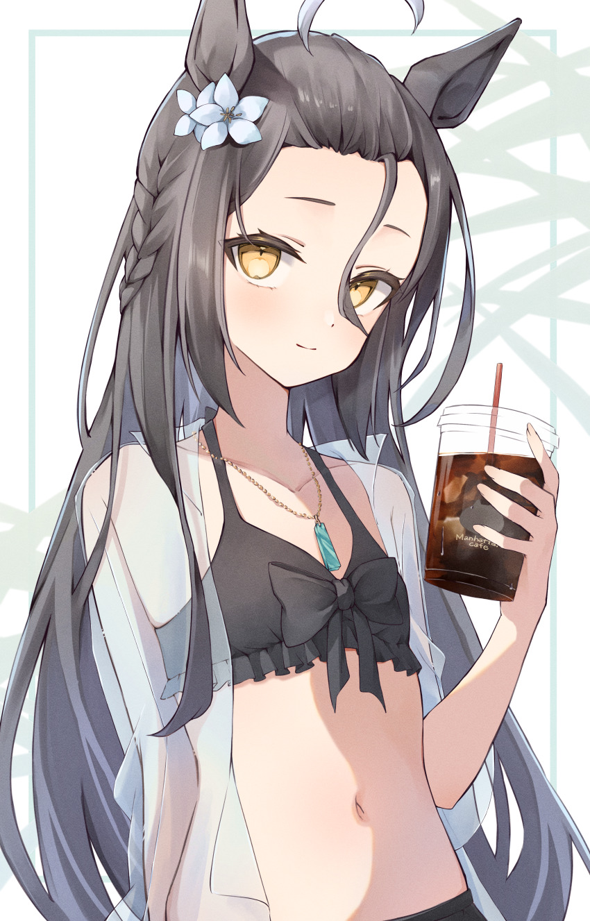 1girl absurdres ahoge animal_ears bikini black_bikini black_hair braid breasts closed_mouth cup disposable_cup drink drinking_straw ear_flower ezaki_hiyori highres holding holding_cup horse_ears horse_girl jacket jewelry manhattan_cafe_(the_bubbles_that_i_see_with_you)_(umamusume) manhattan_cafe_(umamusume) multicolored_hair navel necklace official_alternate_costume official_alternate_hairstyle see-through_clothes see-through_jacket small_breasts smile solo swimsuit two-tone_hair umamusume yellow_eyes