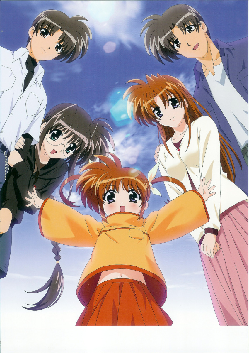 00s 2boys 3girls braid brown_hair family glasses highres lyrical_nanoha mahou_shoujo_lyrical_nanoha midriff multiple_boys multiple_girls okuda_yasuhiro orange_shirt outstretched_arms shirt spread_arms takamachi_family takamachi_kyouya takamachi_miyuki takamachi_momoko takamachi_nanoha takamachi_shirou triangle_heart triangle_heart_3 triangle_heart_3_lyrical_toy_box triangle_hearts twintails