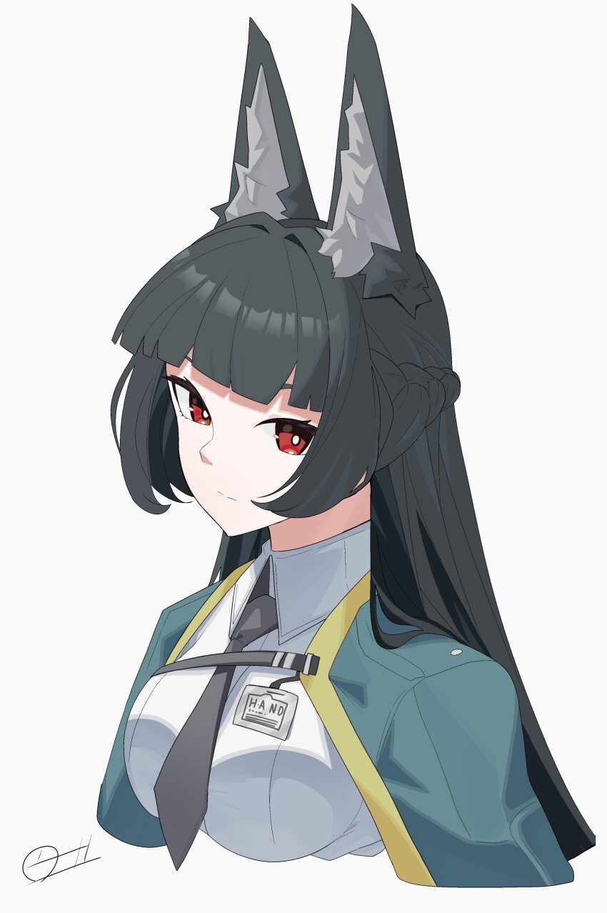 1girl absurdres animal_ear_fluff animal_ears aqua_jacket black_hair black_necktie blunt_bangs collared_shirt fox_ears fox_girl highres hoshimi_miyabi jacket long_hair necktie red_eyes shirt solo upper_body white_shirt zenless_zone_zero zeroartwo