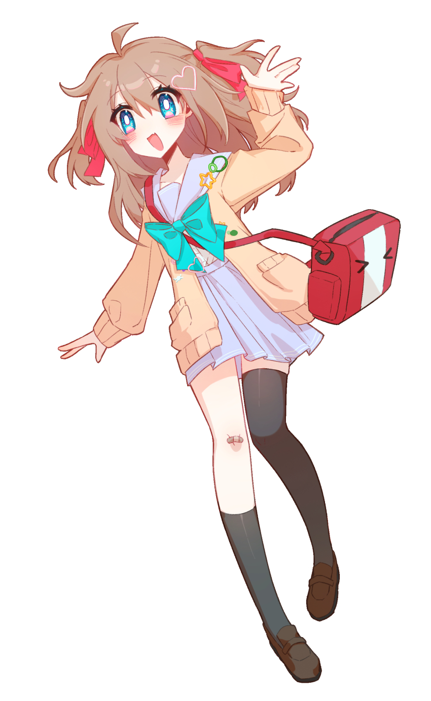 1girl absurdres ahoge animal_ears aqua_bow aqua_bowtie arm_up asymmetrical_legwear bag bandaid bandaid_on_knee bandaid_on_leg black_shoes black_socks black_thighhighs blue_eyes blue_sailor_collar blue_skirt bow bowtie brown_hair brown_shoes cardigan commentary_request duffel_bag full_body hair_between_eyes hair_ornament hair_ribbon heart heart_hair_ornament highres long_hair long_sleeves miniskirt neuro-sama open_mouth red_ribbon ribbon sailor_collar shoes simple_background single_sock single_thighhigh skirt socks solo tail tail_bow tail_ornament thighhighs two_side_up uneven_legwear user_hmyv8473 vedal_ai virtual_youtuber white_background yellow_cardigan