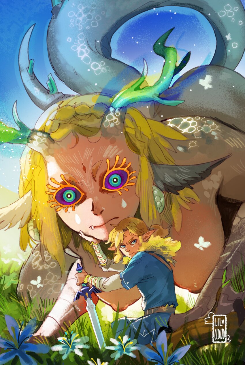 1boy 1girl absurdres alternate_form ass blonde_hair blue_eyes braid breasts champion&#039;s_tunic_(zelda) colored_eyelashes colored_sclera crown_braid dragon_girl dragon_horns eyelashes fang flower giant giantess glaring grass green_eyes hand_on_another&#039;s_face hanging_breasts happiest_little_cloud highres horns huge_ass large_breasts light_dragon_(zelda) link long_eyelashes looking_at_viewer master_sword multicolored_eyes nintendo nipples pointy_ears princess_zelda purple_sclera scales spines sword tail the_legend_of_zelda the_legend_of_zelda:_tears_of_the_kingdom two-tone_eyes very_long_tail weapon