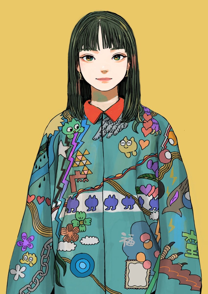 1girl collared_shirt earrings fashion green_eyes grey_hair highres jewelry junjunforever medium_hair original print_shirt shirt smile solo straight-on upper_body yellow_background