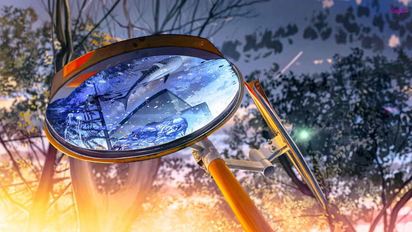 absurdres banishment blue_sky branch building cloud evening fantasy fish highres no_humans original power_lines scenery signature sky star_(sky) starry_sky sunset traffic_mirror tree utility_pole whale