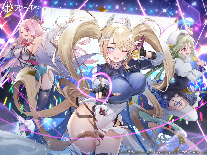 3girls absurdres armpits azur_lane beret breasts buttons comet_(azur_lane) commentary_request company_connection company_name copyright_name detached_sleeves fingerless_gloves frills garter_straps gloves glowstick grey_hair guam_(azur_lane) hair_ornament hat heart heart_tattoo highres holding jacket large_breasts leg_up lexington_(azur_lane) logo long_hair long_sleeves looking_at_viewer microphone multiple_girls nail_polish official_art one_eye_closed open_clothes open_jacket open_mouth pelvic_curtain pink_hair pleated_skirt puffy_sleeves purple_eyes red_eyes ribbon simple_background skirt smile stage stage_lights star-shaped_pupils star_(symbol) symbol-shaped_pupils tattoo teddypocky thighhighs thighs twintails x_hair_ornament