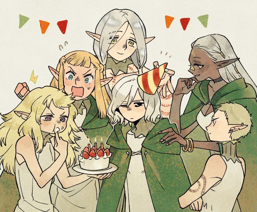 1boy 5girls arm_tattoo bare_shoulders black_choker black_eyes blonde_hair blue_eyes blunt_bangs bracelet cake choker cithis cloak dress dungeon_meshi ear_piercing eating elf expressionless fleki flying_sweatdrops food food_on_face green_cloak green_eyes grey_background grey_hair group_picture hand_on_another&#039;s_shoulder hat highres holding holding_plate hood hood_down hooded_cloak jewelry long_hair looking_at_another low_twintails lycion mithrun multiple_girls nears notched_ear notice_lines open_mouth otta_(dungeon_meshi) party_hat pattadol piercing plate pointy_ears purple_eyes short_bangs short_hair sleeveless sleeveless_dress smile tattoo twintails uneven_eyes upper_body very_short_hair white_dress