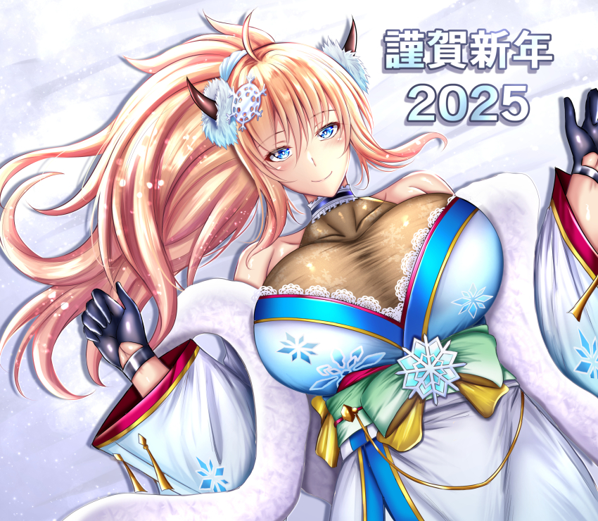 1girl 2025 action_taimanin alternate_costume alternate_hairstyle blonde_hair breasts dated huge_breasts japanese_clothes kanna_(minamozuki) kimono long_hair looking_at_viewer official_alternate_costume onizaki_kirara smile taimanin_(series) taimanin_rpgx