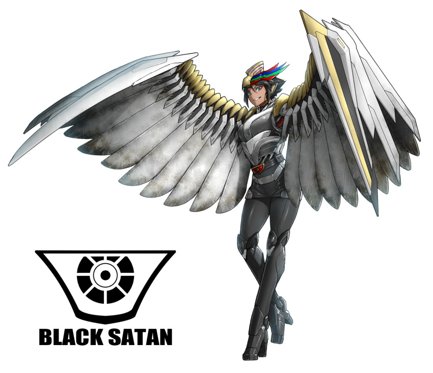 1girl belt belt_buckle black_belt black_boots black_hair black_pants black_skirt blue_eyes boots buckle commentary cyborg eidenjyou1997 emblem english_commentary full_body genderswap genderswap_(mtf) harpy high_heel_boots high_heels highres kamen_rider kamen_rider_stronger_(series) kikkaijin_hagetakan looking_at_viewer mechanical_wings miniskirt monster_girl pants pants_under_skirt short_hair simple_background skirt smile solo standing standing_on_one_leg teeth thigh_boots white_background winged_arms wings