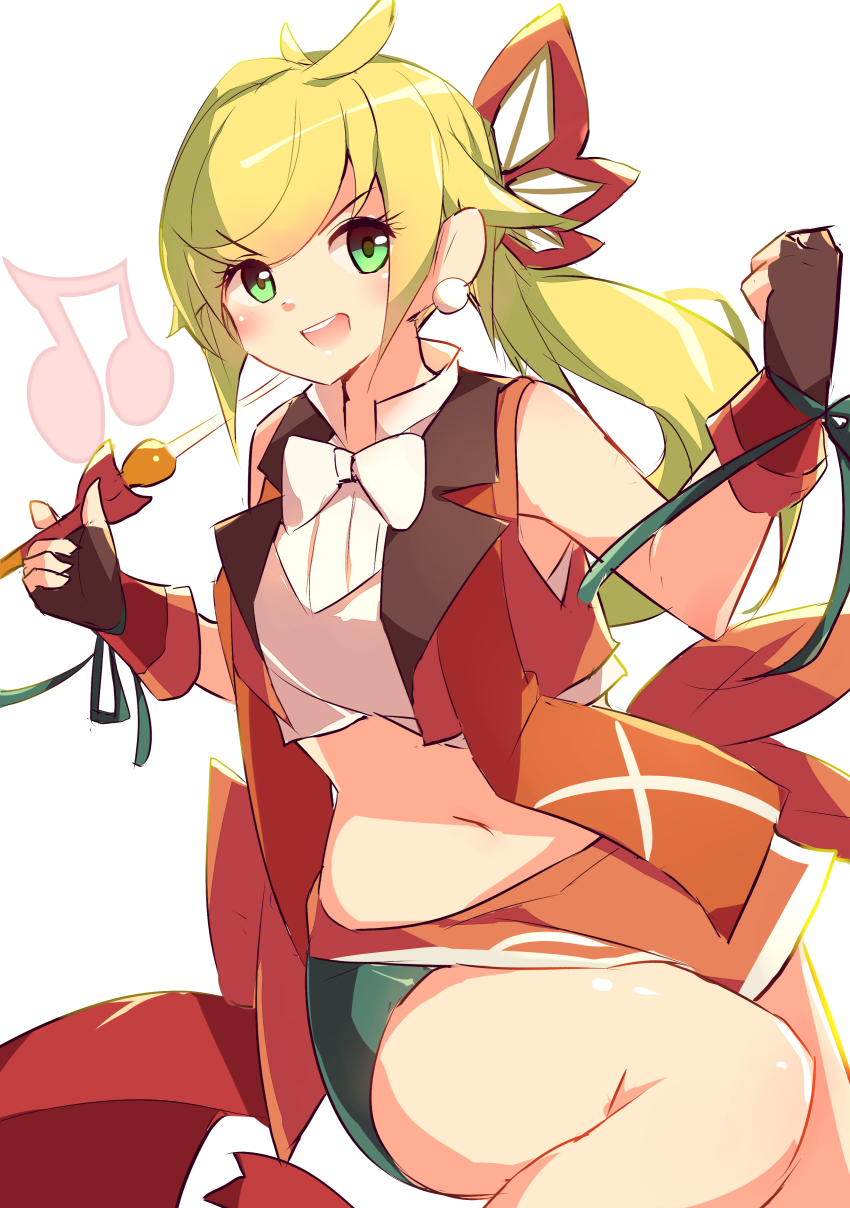 1girl absurdres bare_shoulders bike_shorts blonde_hair blush boots bow bowtie breasts brown_boots brown_gloves closed_eyes commentary_request cowboy_shot crop_top duel_monster earrings fasolfachord_fancia floating gloves green_eyes green_ribbon hair_ornament hair_ribbon highres holding holding_staff instrument jewelry kanzakietc long_hair looking_at_viewer midriff musical_note navel open_clothes open_mouth open_vest pearl_earrings ponytail red_skirt red_vest ribbon shirt shoes shorts shorts_under_skirt sidelocks skirt sleeveless sleeveless_shirt small_breasts solo staff standing teeth upper_teeth_only vest white_background white_bow white_bowtie white_shirt yu-gi-oh!
