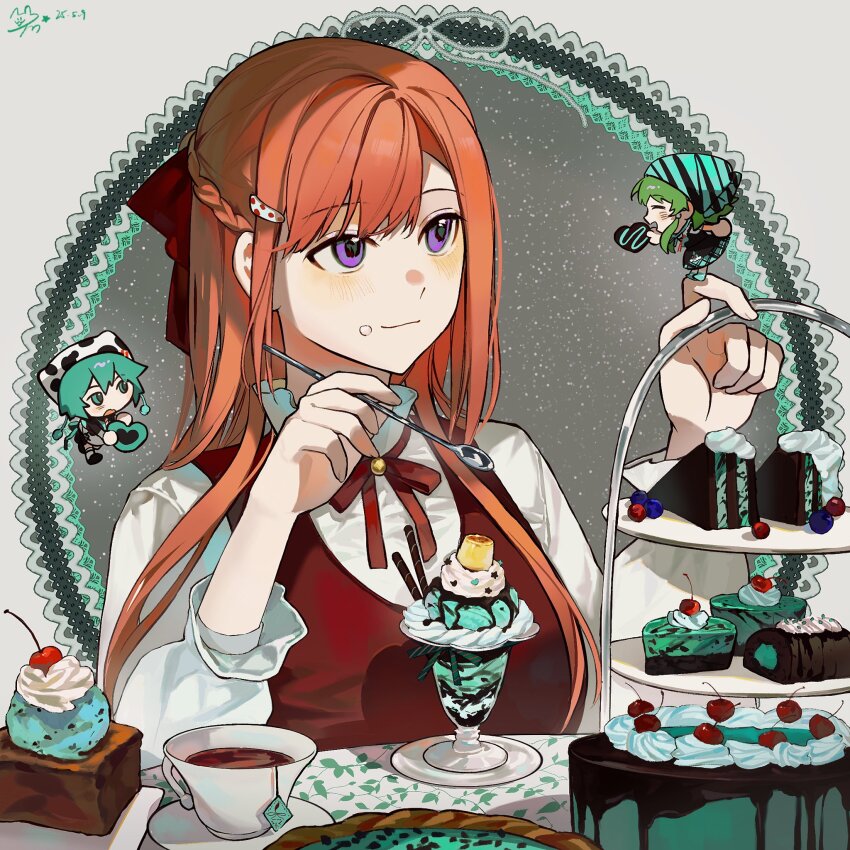 1boy 2girls alternate_costume alternate_hairstyle aqua_eyes aqua_hair blueberry blush bow braid cake cake_slice cherry chibi chidouin_sara chocolate_cake chocolate_syrup closed_eyes closed_mouth cup dessert food food_on_face fruit green_hair hair_bow hair_down hair_ornament hairclip hashtag-only_commentary heart high_collar highres hiyori_sou holding holding_heart holding_spoon ice_cream kimi_ga_shine kizuchi_kanna lace_ribbon long_hair long_sleeves looking_at_another mint_chocolate multiple_girls neck_ribbon open_mouth orange_hair parfait parted_bangs pie pudding puffy_sleeves purple_eyes red_bow red_ribbon red_vest ribbon shirt side_part sidelocks smile spoon tea teabag teacup tiered_tray upper_body vest wafer_stick whipped_cream white_shirt yellowmao0509