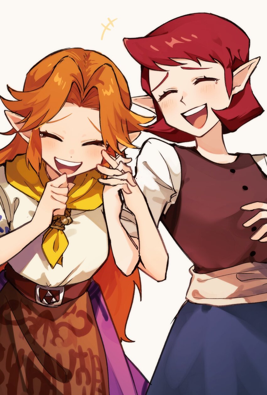 2girls ^_^ anju_(zelda) blue_skirt closed_eyes commentary cremia highres holding_hands interlocked_fingers laughing long_hair multiple_girls nintendo open_mouth pointy_ears purple_skirt red_hair shirt short_hair skirt smile teeth the_legend_of_zelda the_legend_of_zelda:_majora&#039;s_mask tsumikitsuki_(katsuobushi) upper_teeth_only white_shirt