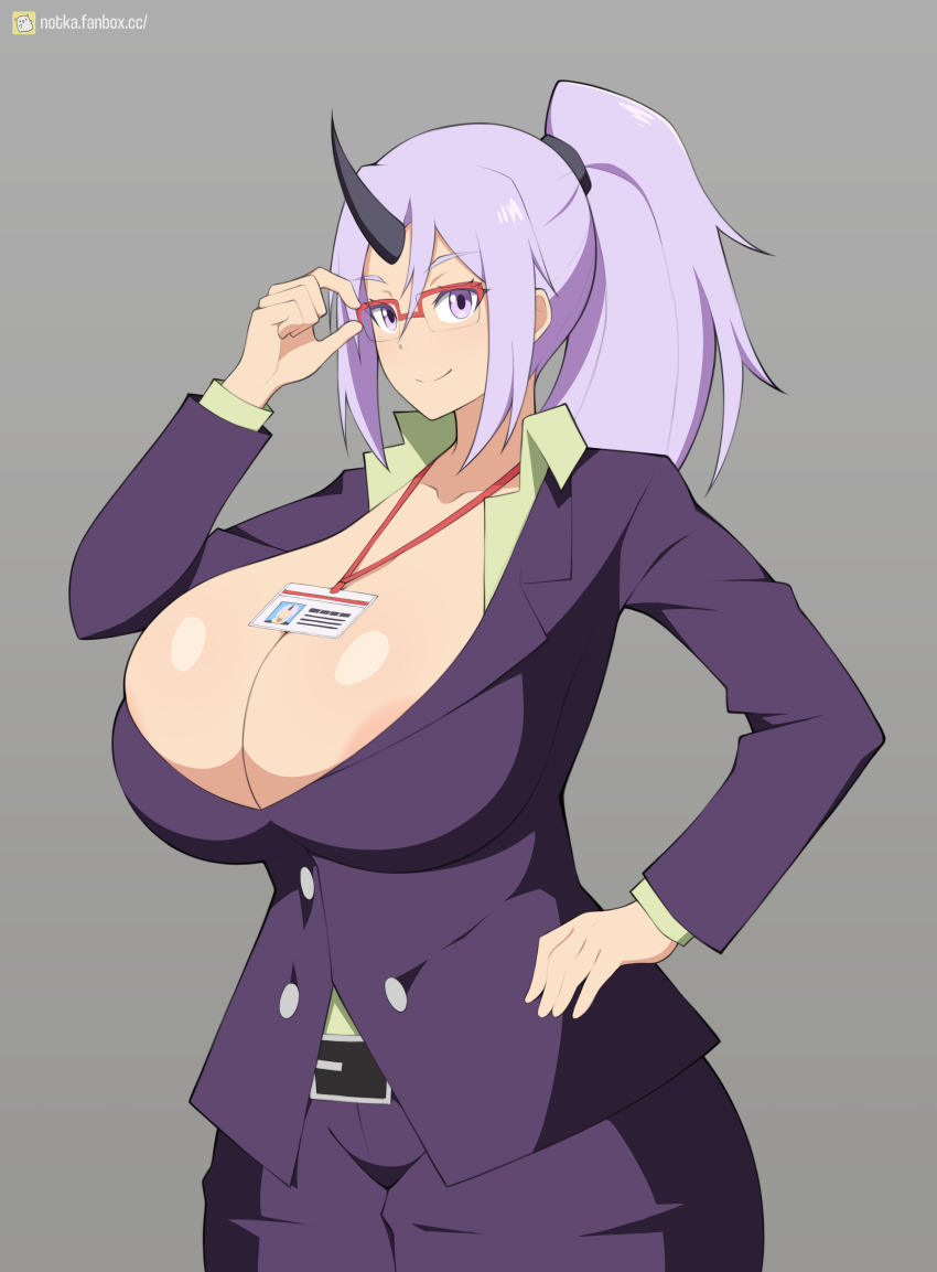 1girl artist_name belt blazer breasts cleavage closed_mouth cowboy_shot dot_nose eyelashes female_focus glasses green_shirt grey_background hand_on_own_hip horns jacket long_hair looking_at_viewer matching_hair/eyes notka office_lady oni pants ponytail purple_eyes purple_hair purple_jacket purple_pants red-framed_eyewear semi-rimless_eyewear shion_(tensura) shirt simple_background single_horn smile solo standing tensei_shitara_slime_datta_ken under-rim_eyewear