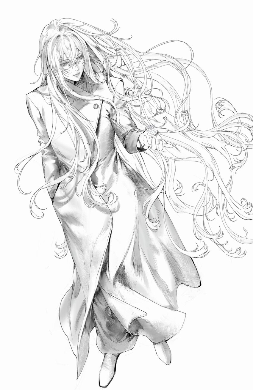 1girl buttons closed_mouth coat commentary_request greyscale hair_between_eyes hand_in_pocket highres holding_snowflake long_coat long_hair long_sleeves monochrome ny1n_49 original shoes simple_background snowflakes solo very_long_hair wavy_hair white_background