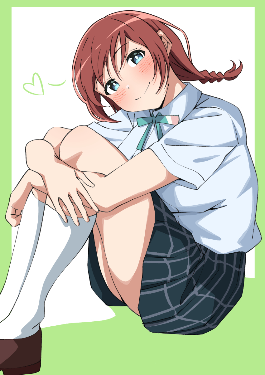 1girl absurdres blue_shirt blue_skirt blush border braid breasts bright_pupils brown_hair brown_shoes closed_mouth collared_shirt commentary dress_shirt emma_verde foot_out_of_frame freckles green_border green_ribbon head_tilt heart highres hugging_own_legs kneehighs knees_up large_breasts looking_at_viewer love_live! love_live!_nijigasaki_high_school_idol_club low_twin_braids miniskirt neck_ribbon nijigasaki_school_uniform outside_border plaid_clothes plaid_skirt pleated_skirt ribbon school_uniform shirt shoes short_sleeves simple_background sitting skirt smile socks solo split_mouth summer_uniform twin_braids uchuu_no_mozuku white_background white_pupils white_socks