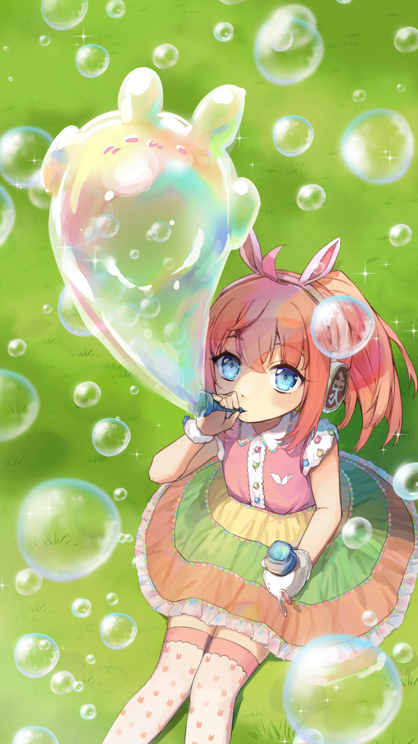 1girl absurdres animal_ears blue_eyes fake_animal_ears foreshortening frilled_skirt frills from_above gloves green_skirt headphones high-waist_skirt highres hinabita holding layered_skirt light_smile medium_hair meu_meu multicolored_skirt on_grass orange_skirt outdoors pink_hair pink_shirt ponytail rabbit_ears shirt short_sleeves sidelocks single_glove skirt soap_bottle soap_bubbles solo tanoki233 thighhighs white_gloves white_thighhighs yellow_skirt zettai_ryouiki