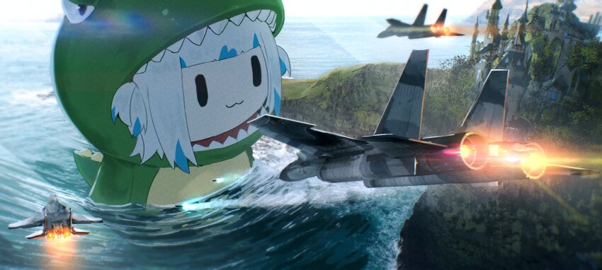 1girl :3 absurdres advarcher aircraft airplane blue_hair castle closed_mouth commentary day dinosaur_costume fighter_jet gawr_gura grey_hair highres hololive hololive_english military_vehicle missile multicolored_hair ocean outdoors smol_gura solo su-33 two-tone_hair two_side_up virtual_youtuber water