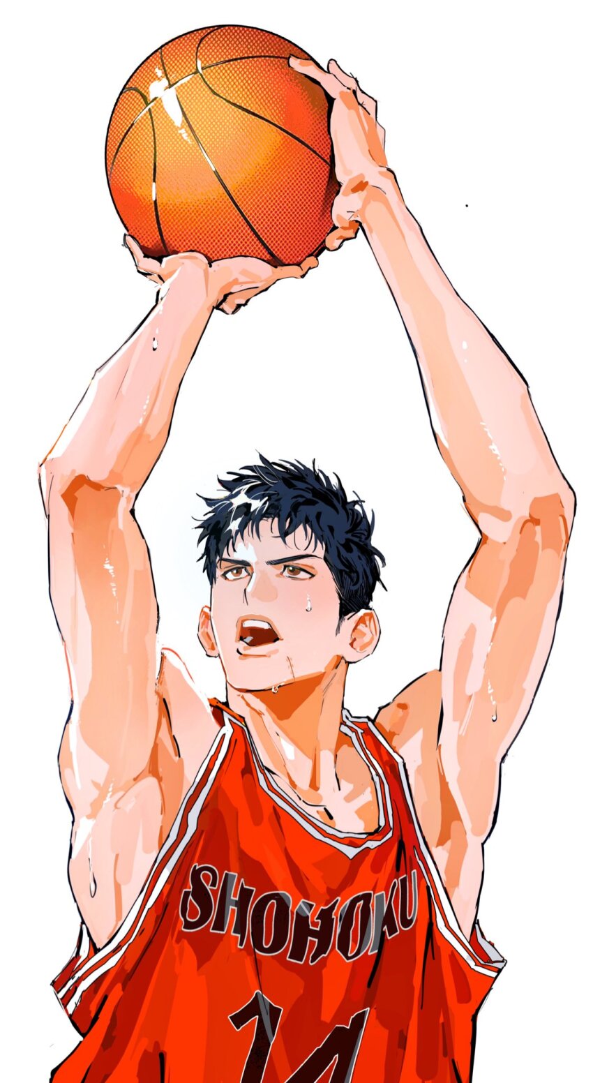 11114tai 1boy arms_up ball bare_shoulders basketball basketball_(object) basketball_jersey black_hair brown_eyes commentary highres holding holding_ball looking_up male_focus mitsui_hisashi open_mouth playing_sports red_shirt romaji_text shirt short_hair simple_background slam_dunk_(series) sleeveless solo sweat symbol-only_commentary teeth upper_body very_sweaty white_background