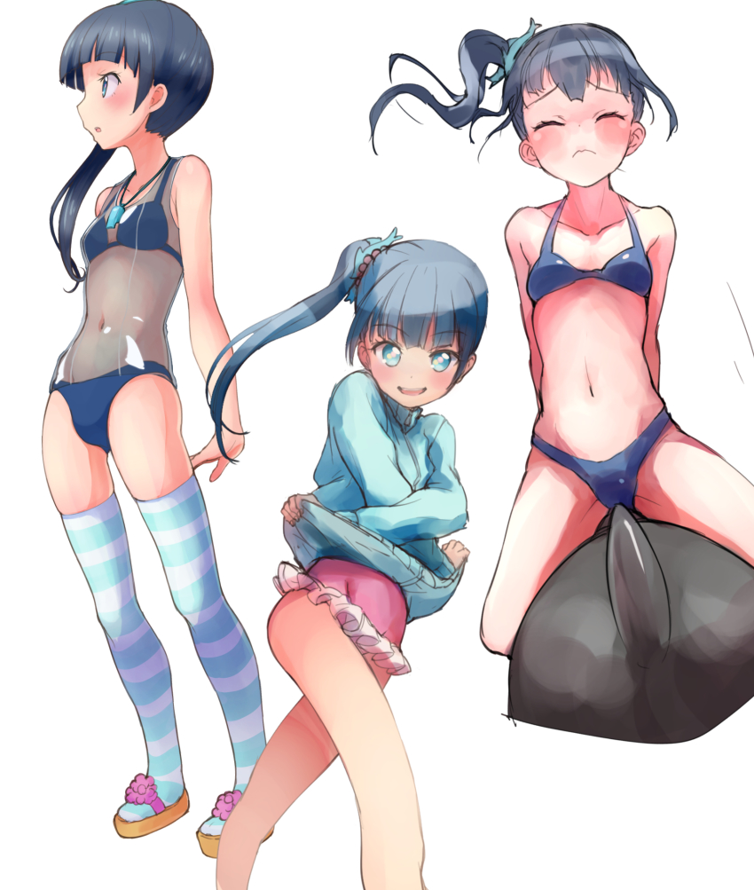 10s 1girl bikini bikini_under_clothes black_hair blue_eyes casual_one-piece_swimsuit character_chart reference_sheet costume_chart fantasista_doll frilled_swimsuit frills highres inflatable_toy jacket long_hair multiple_views navel nyama one-piece_swimsuit sandals side_ponytail slippers striped_clothes striped_thighhighs swimsuit swimsuit_under_clothes thighhighs track_jacket ukiwa_(fantasista_doll) undressing whistle