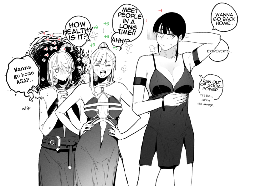 3girls :d ^_^ ak-12_(girls&#039;_frontline) an-94_(girls&#039;_frontline) bare_shoulders blush bracelet breasts closed_eyes dress english_text female_commander_(girls&#039;_frontline) girls&#039;_frontline greyscale hands_on_own_hips huqu jewelry large_breasts medium_breasts monochrome multiple_girls open_mouth ring simple_background sleeveless sleeveless_dress smile sweat white_background