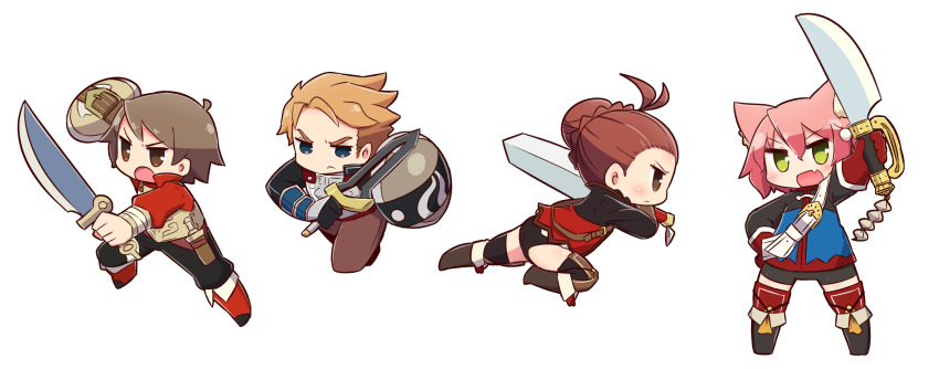 &gt;:( 2boys 2girls 7th_dragon 7th_dragon_(series) :d :o animal_ear_fluff animal_ears antenna_hair arm_up armor belt belt_buckle bike_shorts black_footwear black_gloves black_jacket black_legwear black_pants black_shorts blue_eyes blue_jacket blush boon_(7th_dragon) boots braid breastplate brown_eyes brown_footwear brown_hair brown_pants buckle cat_ears closed_mouth fang fighter_(7th_dragon) frown gloves green_eyes hair_between_eyes hair_bobbles hair_bun hair_ornament hand_on_own_hip harukara_(7th_dragon) highres holding holding_shield holding_sword holding_weapon jacket knee_boots leo_(7th_dragon) long_sleeves moiko_(7th_dragon) multiple_boys multiple_girls naga_u one_side_up open_mouth outstretched_arm pants pink_hair profile red_footwear red_gloves red_jacket shield short_shorts shorts single_hair_bun smile sword thighhighs thighhighs_under_boots v-shaped_eyebrows weapon white_belt