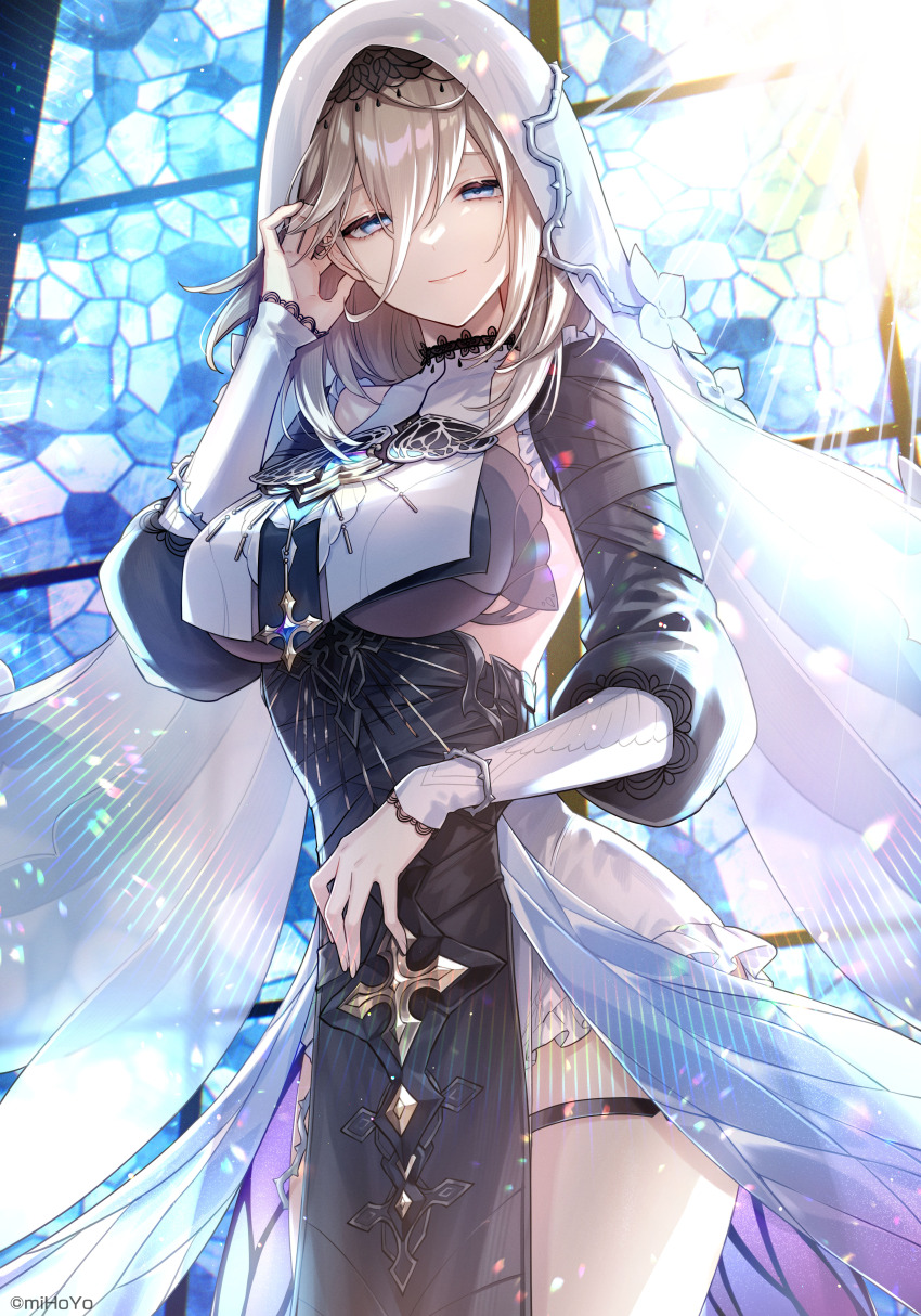 1girl absurdres amaichi_esora aponia_(honkai_impact) blue_eyes breast_curtain breasts chinese_commentary closed_mouth commentary_request copyright_notice cowboy_shot cross detached_sleeves eyebrows_hidden_by_hair grey_hair habit hair_between_eyes hand_up highres honkai_(series) honkai_impact_3rd large_breasts lens_flare heavy_lens_flare light_rays light_smile lips long_bangs long_hair long_sleeves looking_at_viewer mole mole_under_eye nun official_art pelvic_curtain second-party_source see-through_clothes solo stained_glass straight_hair sunlight thigh_strap thighs tucking_hair veil window