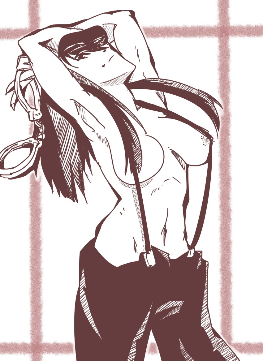 1girl armpits breasts cuffs female_focus handcuffs highres kanuka_clancy kidou_keisatsu_patlabor long_hair monochrome naked_suspenders navel simple_background solo suspenders