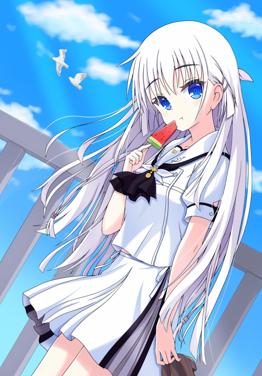 1girl bird black_neckerchief blue_eyes blue_sky bow closed_mouth cloud commentary_request cowboy_shot dutch_angle food hair_bow highres holding holding_food holding_popsicle long_hair looking_at_viewer mochimugi_rice naruse_shiroha neckerchief popsicle puffy_cheeks shirt skirt sky solo summer_pockets very_long_hair watermelon_bar white_bow white_hair white_shirt white_skirt