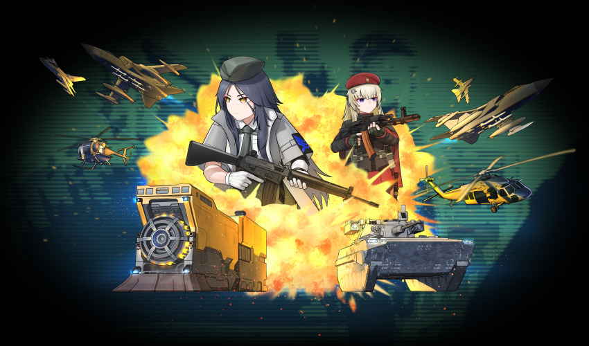 2girls absurdres aircraft airplane ak-74m ak74m_(girls&#039;_frontline) ar-18 ar-18_(girls&#039;_frontline) assault_rifle beret black_hair blonde_hair bmp-2 elmo_(vehicle) explosion fighter_jet fingerless_gloves girls&#039;_frontline gloves gogo_(gogo_23) gun hair_ornament hat helicopter highres holding holding_gun holding_weapon kalashnikov_rifle mh-6_little_bird military_vehicle multiple_girls parody rifle title_parody uh-60_blackhawk warno_(game) weapon white_gloves yellow_eyes