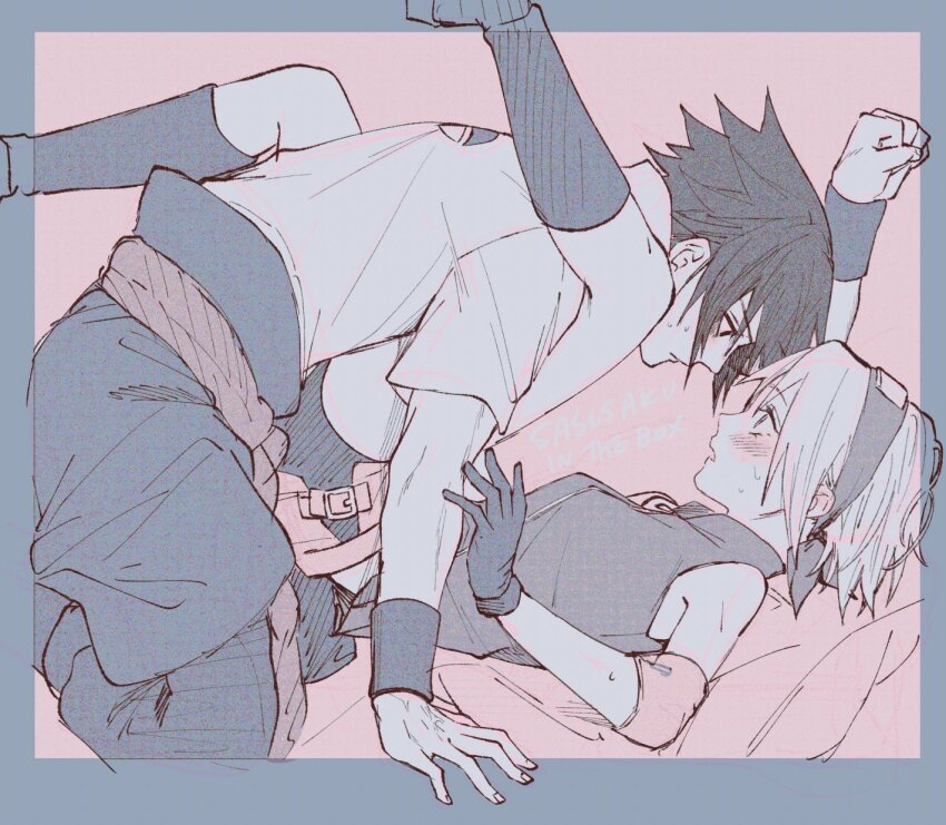 1boy 1girl blush haruno_sakura hetero highres kbuc339 leg_on_another&#039;s_shoulder looking_at_another naruto_(series) stuck_in_a_box sweat uchiha_sasuke