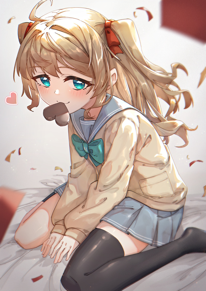 1girl absurdres ahoge bandaid bandaid_on_knee bandaid_on_leg black_socks black_thighhighs blue_eyes blue_sailor_collar blue_skirt blush bow bowtie candy cardigan child chinese_commentary chocolate chocolate_heart commentary confetti english_commentary food food_in_mouth green_bow green_bowtie hair_bow heart highres indie_virtual_youtuber kneehighs light_brown_hair live2d_inc. long_hair long_sleeves looking_at_viewer mixed-language_commentary momose_hiyori mouth_hold neuro-sama pleated_skirt red_bow rune_(dualhart) sailor_collar school_uniform serafuku sidelocks single_kneehigh single_sock single_thighhigh sitting skirt smile socks thighhighs two_side_up valentine virtual_youtuber wariza yellow_cardigan