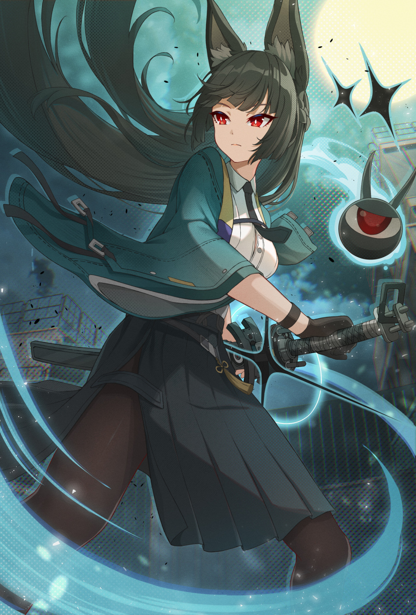 1girl agiri_(agiri_box) animal_ear_fluff animal_ears aqua_jacket black_gloves black_hair black_necktie black_pantyhose black_skirt braid breasts bright_pupils closed_mouth collared_shirt commentary cowboy_shot floating_hair fox_ears fox_girl gloves half_up_braid highres holding holding_sword holding_weapon hoshimi_miyabi jacket long_hair long_skirt medium_breasts necktie outdoors pantyhose red_eyes scabbard sheath sheathed shirt side_slit skirt sword tailless_(zenless_zone_zero) weapon white_pupils white_shirt wide_sleeves zenless_zone_zero