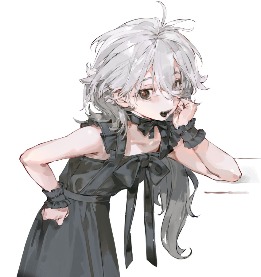 1girl absurdres baifeidaiwang bare_shoulders black_choker black_dress black_eyes black_ribbon black_tongue chinese_commentary choker commentary_request dress fangs grey_hair hair_between_eyes hand_on_own_hip hand_up highres leaning_forward long_hair looking_at_viewer open_mouth original ribbon simple_background sleeveless sleeveless_dress solo standing white_background wrist_cuffs