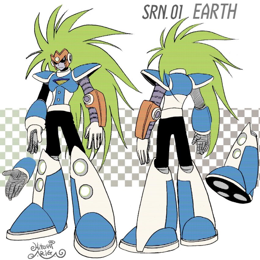 1boy android ariga_hitoshi armor artist_name black_eyes black_pants black_sleeves blue_armor blue_footwear boots breastplate character_name checkered_background closed_mouth colored_skin commentary_request concept_art expressionless floating_hair forehead_jewel from_behind full_body gem gloves gradient_background green_gemstone green_hair grey_background grey_skin hand_grip helmet highres industrial_pipe joints knee_boots long_hair looking_ahead loose_hair_strand male_focus mega_man_(classic) mega_man_(series) mega_man_megamix mega_man_v messy_hair multiple_views no_humans pants pointy_hair reference_sheet robot robot_ears robot_joints scanlines shoe_soles shoulder_armor signature simple_background single_sleeve standing terra_(mega_man) turnaround unkempt very_long_hair white_background white_footwear white_gloves