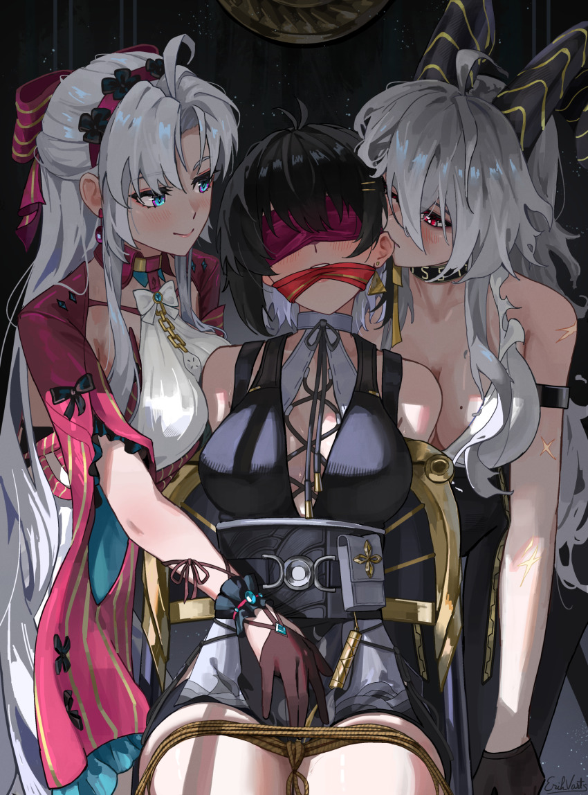 3girls absurdres ahoge arm_strap bare_shoulders bdsm biting biting_ear black_choker black_collar black_dress black_gloves black_hair black_horns black_pants blindfold blush bondage bound bow breasts carlotta_(wuthering_waves) choker closed_mouth collar collarbone colored_inner_hair commentary cross-laced_clothes cross-laced_dress curled_horns dress earrings english_commentary erikvarts female_rover_(wuthering_waves) gagged gloves hair_bow hairband hand_on_another&#039;s_crotch highres horns jacket jewelry large_breasts long_hair looking_at_another mole mole_on_breast multicolored_hair multiple_girls pants parted_bangs pink_bow pink_hairband pink_jacket red_eyes rover_(wuthering_waves) shirt sleeveless sleeveless_dress smile striped_bow torn_clothes torn_shirt white_dress white_hair white_shirt wuthering_waves yuri zani_(wuthering_waves)