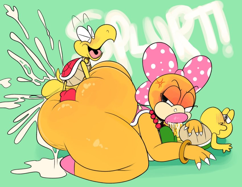 1girl 2boys angry ass blush breast_press breasts closed_eyes cum cum_in_mouth doggystyle ejaculation english_text fellatio grabbing_another&#039;s_ass grabbing_from_behind height_difference highres huge_ass huge_penis koopa koopa_troopa lying mario_(series) mb_ota medium_breasts monster multiple_boys nintendo open_mouth oral penis sex sex_from_behind simple_background size_difference smile super_mario_bros._1 super_mario_bros._3 veins veiny_penis wendy_o._koopa