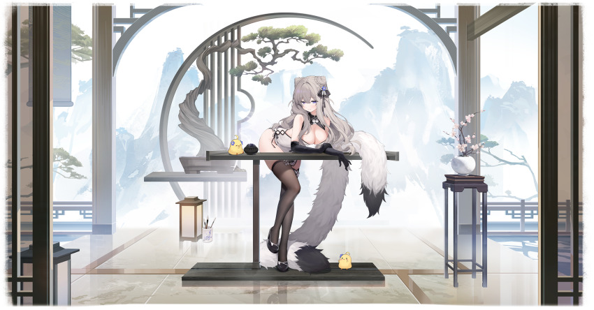 1girl absurdres animal_ears ass azur_lane bare_shoulders bent_over bird black_footwear black_gloves black_ribbon black_thighhighs blush bow branch breasts brown_thighhighs byulzzi china_dress chinese_clothes cleavage cleavage_cutout closed_mouth clothing_cutout cone_hair_bun double_bun dress elbow_gloves flower full_body gloves grey_dress grey_hair hair_between_eyes hair_bun hair_ornament hair_ribbon high_heels highres lantern large_breasts leaning_forward long_hair looking_at_viewer manjuu_(azur_lane) murmansk_(azur_lane) murmansk_(chamber_of_fragrance)_(azur_lane) non-web_source official_alternate_costume official_alternate_hairstyle official_art paper_lantern pelvic_curtain purple_eyes railing ribbon skindentation sleeveless sleeveless_dress solo standing standing_on_one_leg table tail thighhighs thighs
