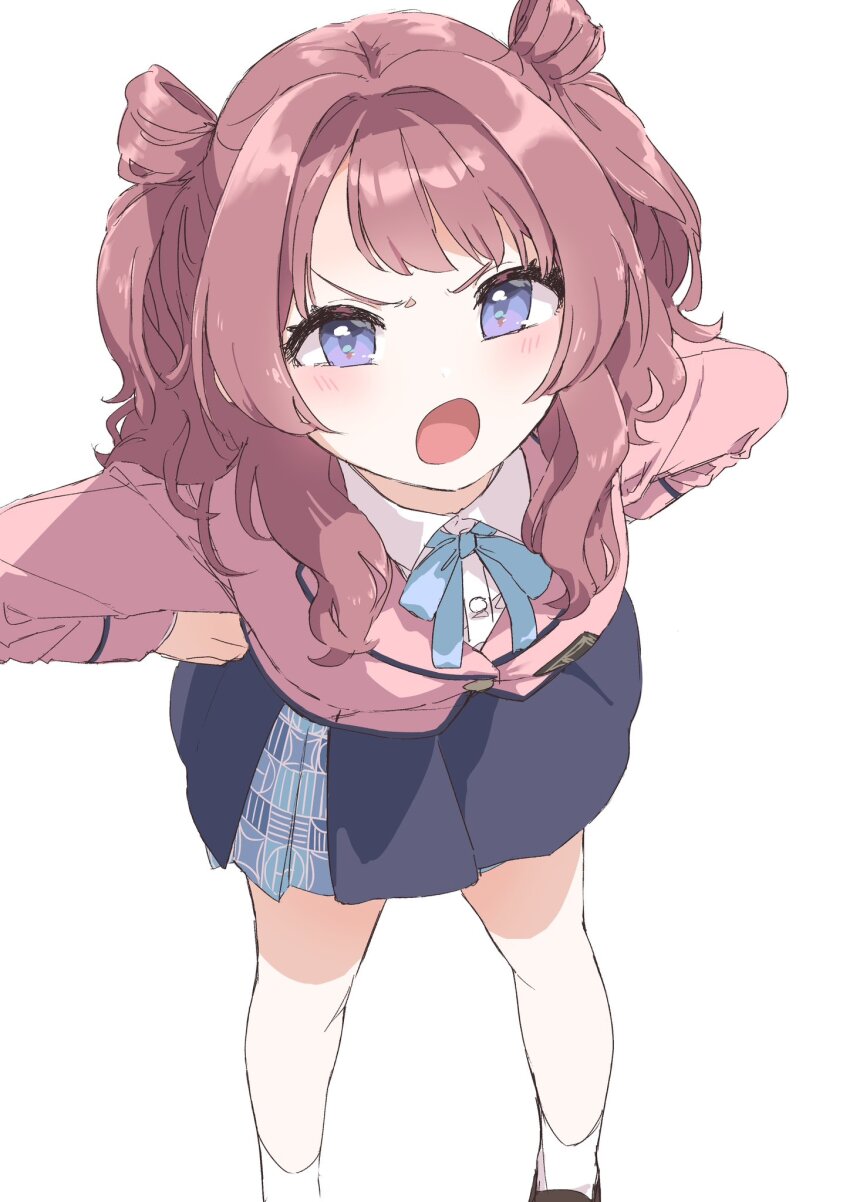 1girl :o bare_legs blazer blue_eyes blue_overskirt blue_ribbon blue_skirt blush brown_hair frown gakuen_idolmaster hanami_saki hands_on_own_hips hatsuboshi_gakuen_school_uniform highres idolmaster jacket long_sleeves looking_ahead neck_ribbon pink_jacket pleated_skirt pure_556 ribbon school_uniform shirt simple_background skirt socks solo v-shaped_eyebrows white_background white_shirt white_socks