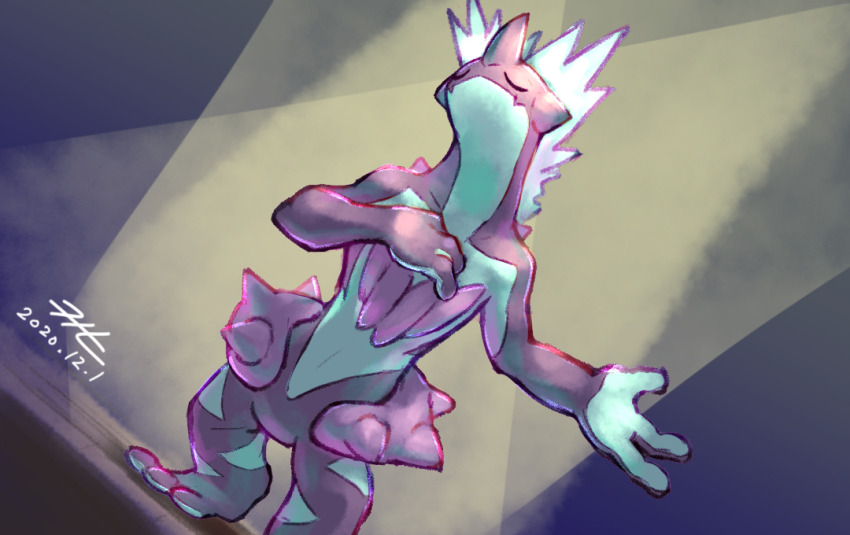 closed_eyes commentary_request dated dutch_angle gen_8_pokemon hand_on_own_chest nintendo null_suke one-hour_drawing_challenge outstretched_arm pokemon pokemon_(creature) signature stage_lights standing toxtricity toxtricity_(low_key)