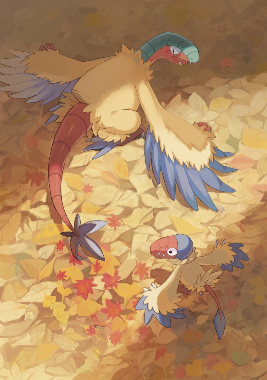absurdres animal_focus archen archeops autumn_leaves bird blue_feathers commentary_request feathered_wings feathers from_above furukawa_raku gen_5_pokemon highres leaf maple_leaf nintendo no_humans open_mouth pokemon pokemon_(creature) sharp_teeth tail teeth wings yellow_feathers