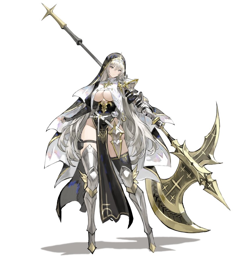 1girl absurdres armor arowana2111 asymmetrical_footwear axe battle_axe breasts full_body gauntlets gold_trim highres holding holding_axe holding_weapon large_breasts long_hair looking_at_viewer nun original pauldrons pelvic_curtain pouch shoulder_armor simple_background single_gauntlet single_pauldron solo thigh_pouch underboob veil very_long_hair weapon white_background white_hair