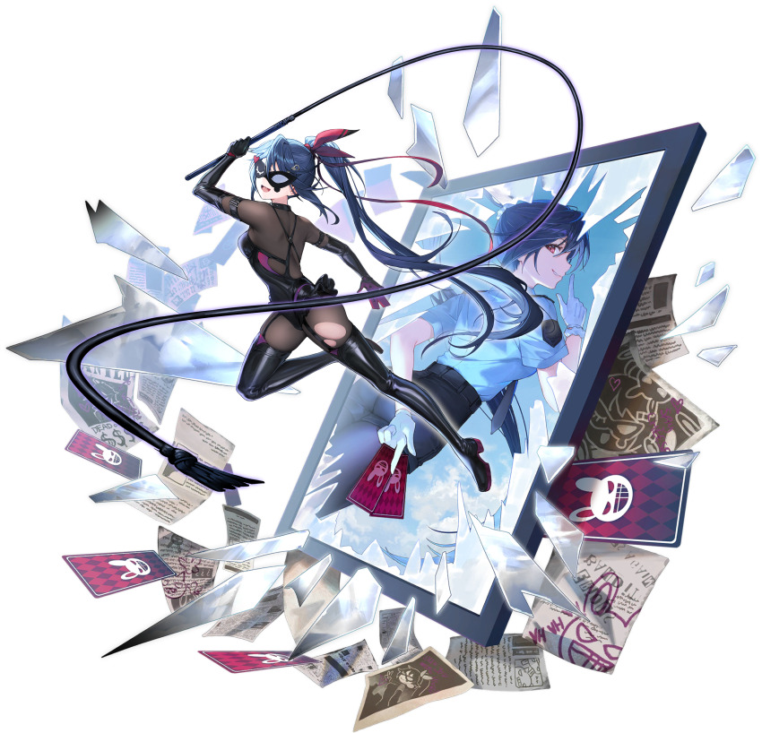 1girl absurdres allen_m._sumner_(azur_lane) allen_m._sumner_(two_faces_of_justice)_(azur_lane) ass azur_lane black_bodysuit black_gloves black_hair black_leotard black_pants black_thighhighs bodysuit card different_reflection elbow_gloves eye_mask full_body gloves hair_ornament highres holding holding_card holding_whip leotard long_hair looking_at_viewer looking_to_the_side nagu non-web_source official_alternate_costume official_art open_mouth pants police police_uniform ponytail reflection shirt smile solo thighhighs torn_bodysuit torn_clothes transparent_background very_long_hair whip white_gloves white_shirt