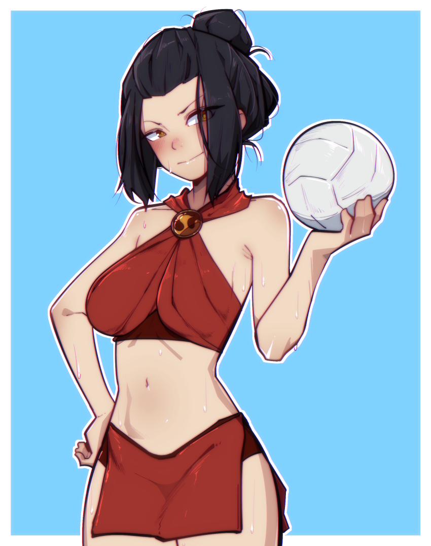 1girl absurdres armpit_crease avatar:_the_last_airbender avatar_legends azula ball bare_shoulders blue_background blunt_sidelocks border breasts brown_eyes commentary covered_navel cowboy_shot criss-cross_halter english_commentary hair_bun hair_pulled_back hair_up halterneck hand_on_own_hip hand_up highres holding holding_ball large_breasts looking_at_viewer looking_to_the_side loose_hair_strand midriff navel outline outside_border panties pelvic_curtain red_panties red_shirt red_skirt shirt side_slit simple_background skirt sleeveless sleeveless_shirt solo standing sweat underwear v-shaped_eyebrows very_sweaty volleyball_(object) white_border white_outline yutakke