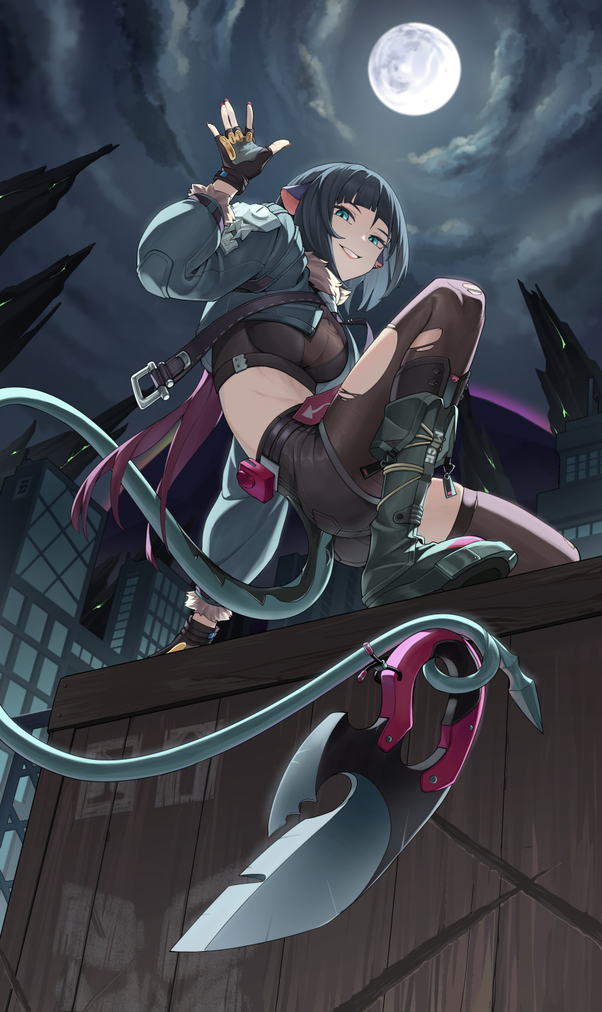1girl absurdres black_gloves black_shorts blunt_bangs boots building cityscape cloud cloudy_sky commentary fingerless_gloves full_body fur-trimmed_jacket fur_trim gloves green_eyes green_hair green_jacket grey_boots highres jacket jane_doe_(zenless_zone_zero) korean_commentary long_hair looking_at_viewer moon moonlight mouse_girl mouse_tail night outdoors parted_lips police_riot_(artist) red_hair shorts sidelocks single_leg_pantyhose single_thighhigh sky smile solo tail thighhighs zenless_zone_zero