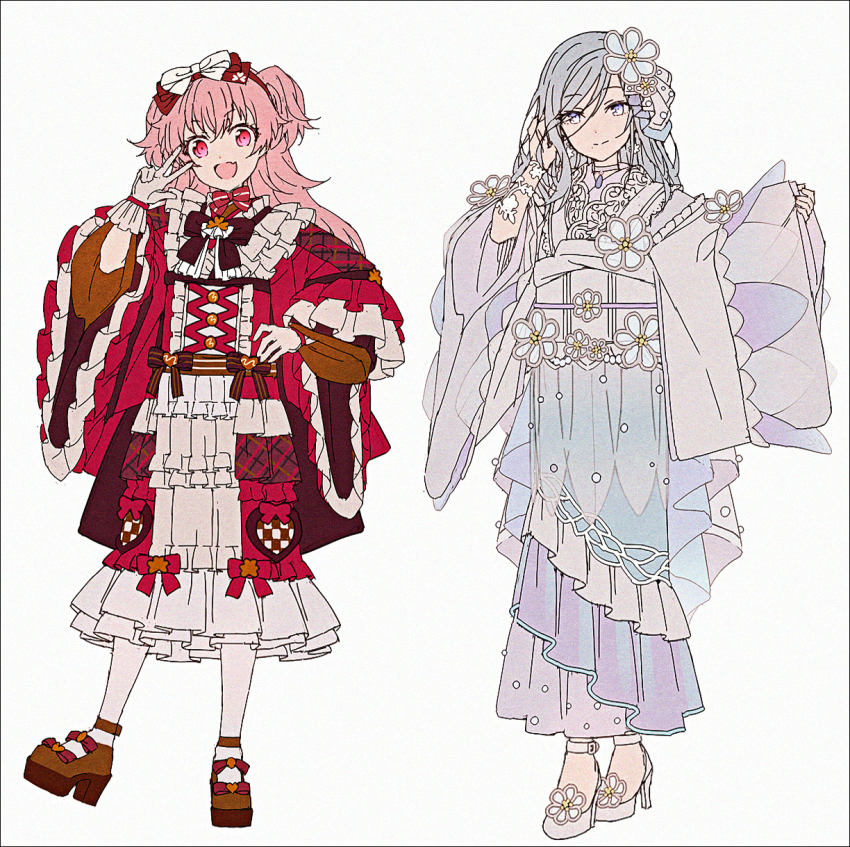 2girls :d adapted_costume blue_eyes brown_shoes closed_mouth color_of_myself!_(project_sekai) dress frilled_sleeves frills gloves grey_background grey_gloves grey_hair grey_kimono hair_between_eyes hakusai_(tiahszld) hand_on_own_hip hand_up hands_up high_heels highres himitsu_no_valentine_daisakusen!_(project_sekai) hinomori_shizuku japanese_clothes kimono long_hair long_sleeves momoi_airi multiple_girls open_mouth pantyhose pinching_sleeves pink_hair project_sekai red_eyes red_kimono revision shoes simple_background smile standing standing_on_one_leg swept_bangs two_side_up v white_dress white_pantyhose white_shoes wide_sleeves