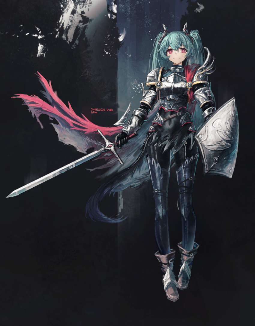 1girl absurdres aqua_hair armor armored_boots black_horns boots borrowed_character brown_boots cloak closed_mouth commentary commission english_commentary franlol full_body highres holding holding_shield holding_sword holding_weapon horns long_hair looking_at_viewer morello_(morellostorment) original red_cloak red_eyes shield shoulder_armor solo sword twintails very_long_hair weapon