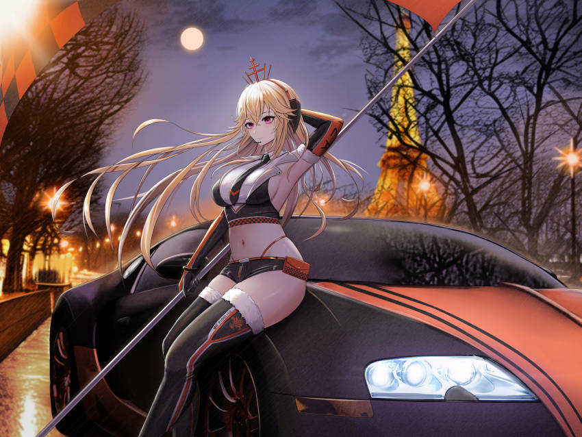 1girl absurdres alternate_costume arm_behind_head arm_up armpits ass azur_lane backless_outfit bag bare_shoulders bare_tree black_gloves black_necktie black_shorts black_thighhighs blonde_hair bracelet breasts bugatti bugatti_veyron building car checkered_clothes checkered_flag city city_lights closed_mouth clothes_writing cloud cloudy_sky commentary crop_top cross crown eiffel_tower elbow_gloves feet_out_of_frame flag france from_side fur-trimmed_gloves fur-trimmed_thighhighs fur_trim gloves hair_between_eyes hair_ornament hairband halterneck headset highres holding holding_flag iris_libre_(emblem) jewelry kcar66t lamppost large_breasts long_hair looking_at_viewer lowleg lowleg_pants midriff motor_vehicle navel necktie night on_car orange_gloves outdoors pants paris pink_eyes print_thighhighs product_placement race_queen real_world_location revision richelieu_(azur_lane) road shirt short_shorts shorts sideboob sidelocks sitting sky smile solo sports_car stomach street text_print thighhighs thighs thong tight_clothes tree two-tone_gloves very_long_hair white_shirt wind wind_lift