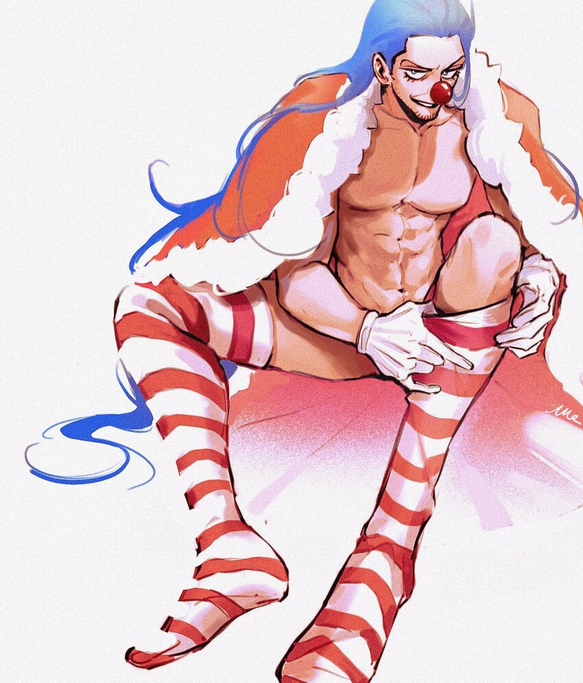 1boy abs bara blue_hair buggy_the_clown cape clown_nose convenient_censoring eyelashes facial_hair fur-trimmed_cape fur_trim gloves goatee_stubble highres large_pectorals long_hair looking_at_viewer male_focus navel one_piece orange_cape parted_lips pectorals putting_on_legwear simple_background sitting solo striped_clothes striped_thighhighs stubble thighhighs vamos_mk very_long_hair white_background white_gloves