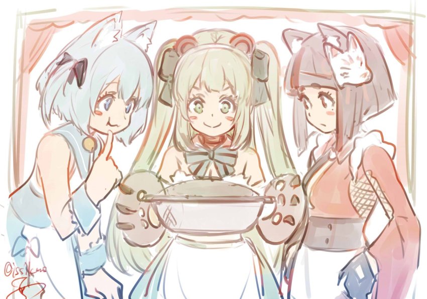 3girls :t animal_ears animal_hands animare black_hair blue_eyes blue_hair blunt_bangs blush bow bowtie brown_eyes cat_ears commentary dog_ears finger_to_mouth fox_ears fox_mask gloves green_eyes green_hair hinokuma_ran holding inari_kuromu isshiki_(ffmania7) japanese_clothes long_hair mask mask_on_head multiple_girls nanashi_inc. paw_gloves pot short_hair signature sketch smile souya_ichika souya_ichika_(2nd_costume) symbol-only_commentary twintails two_side_up virtual_youtuber wavy_mouth
