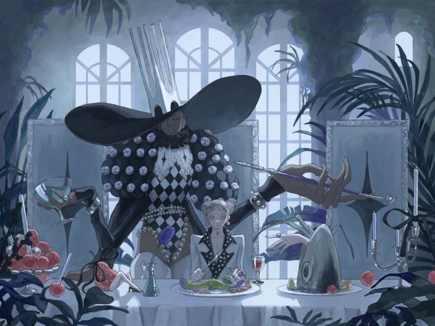 1boy 1girl alcohol black_sclera braid braided_bun candle candlestand chair claws colored_sclera cup dark-skinned_female dark_skin dining_room drinking_glass feather_boa fish_head flower food fork grey_hair hair_bun hat_over_one_eye highres holding holding_cup holding_fork holding_knife huyu_pm04 indoors jewelry knife lapels large_hands large_hat leotard notched_lapels original parted_lips plant plate purple_flower ring smoking_pipe string_of_pearls surreal table tablecloth tall_female trap tulip vase wine wine_glass